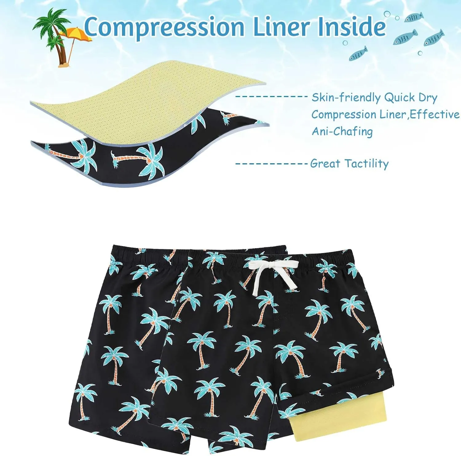 6-20T Boys Swimming Trunks 2 in 1 Bathing Suit Quick Dry Board Shorts
