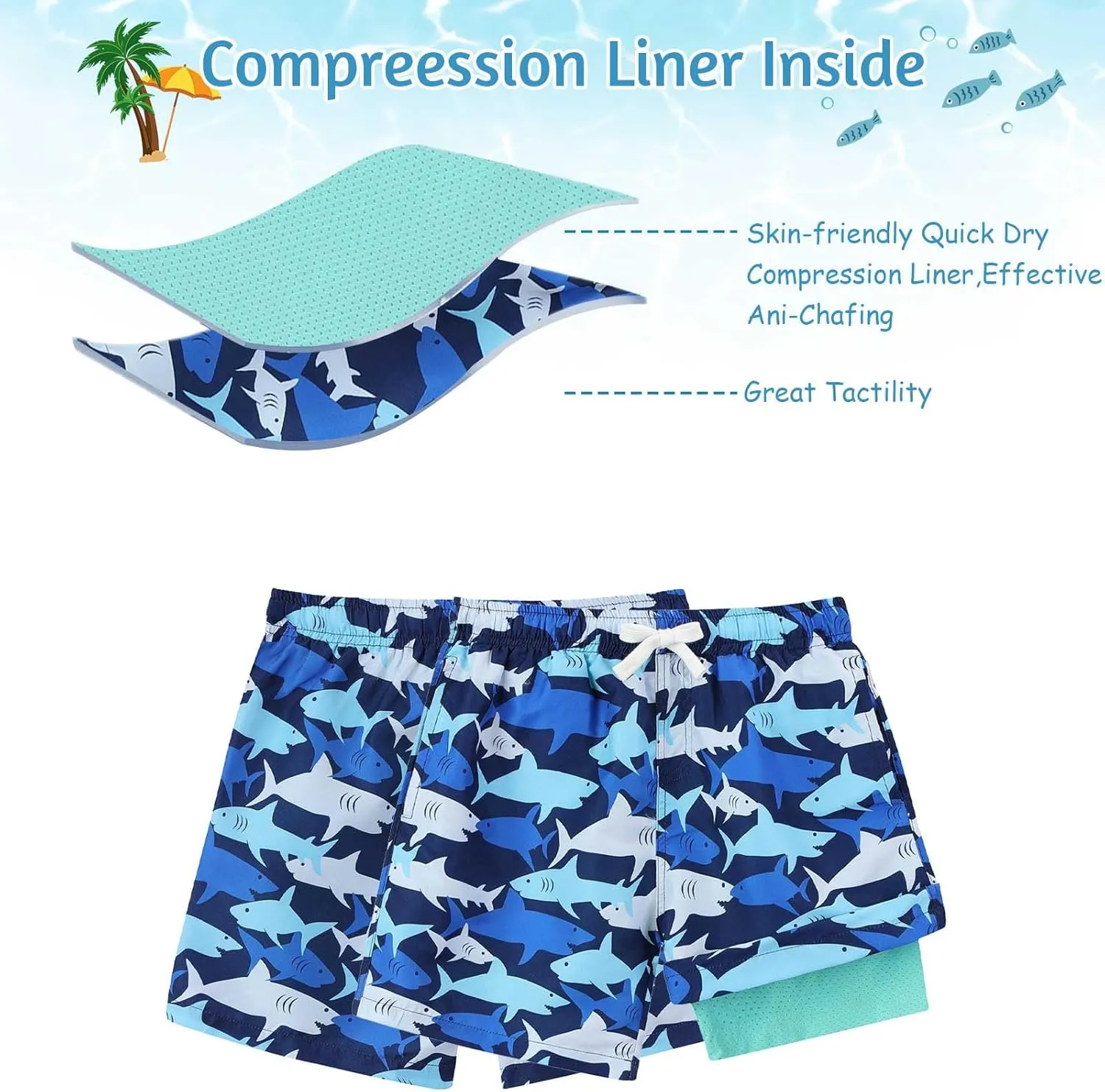 6-20T Boys Swimming Trunks 2 in 1 Bathing Suit Quick Dry Board Shorts