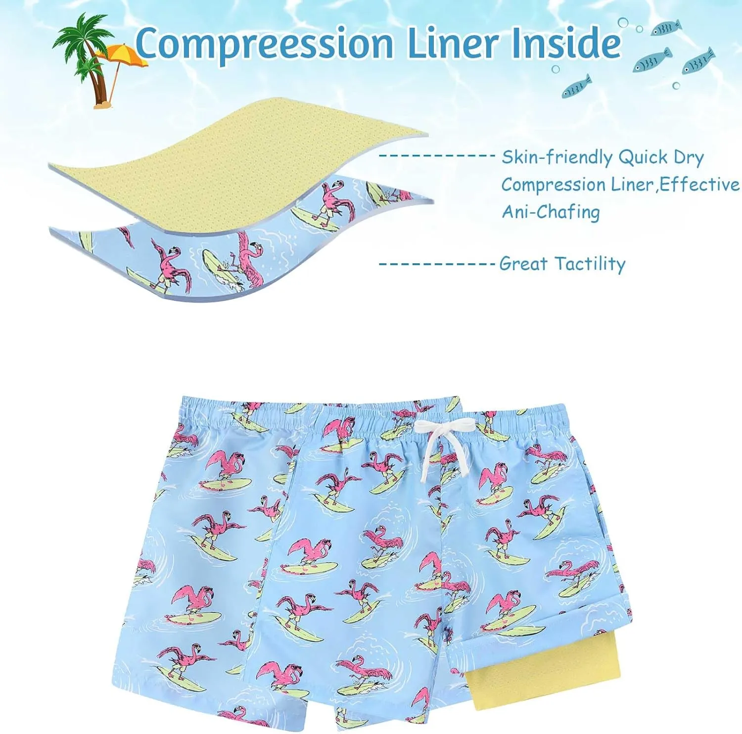 6-20T Boys Swimming Trunks 2 in 1 Bathing Suit Quick Dry Board Shorts