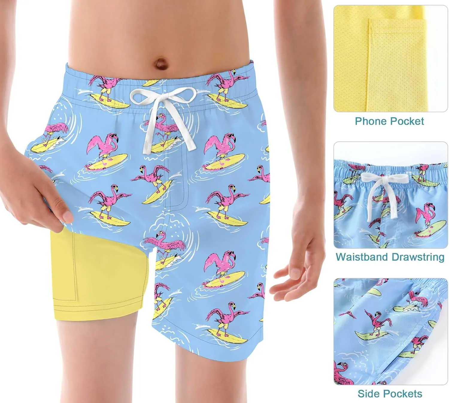 6-20T Boys Swimming Trunks 2 in 1 Bathing Suit Quick Dry Board Shorts