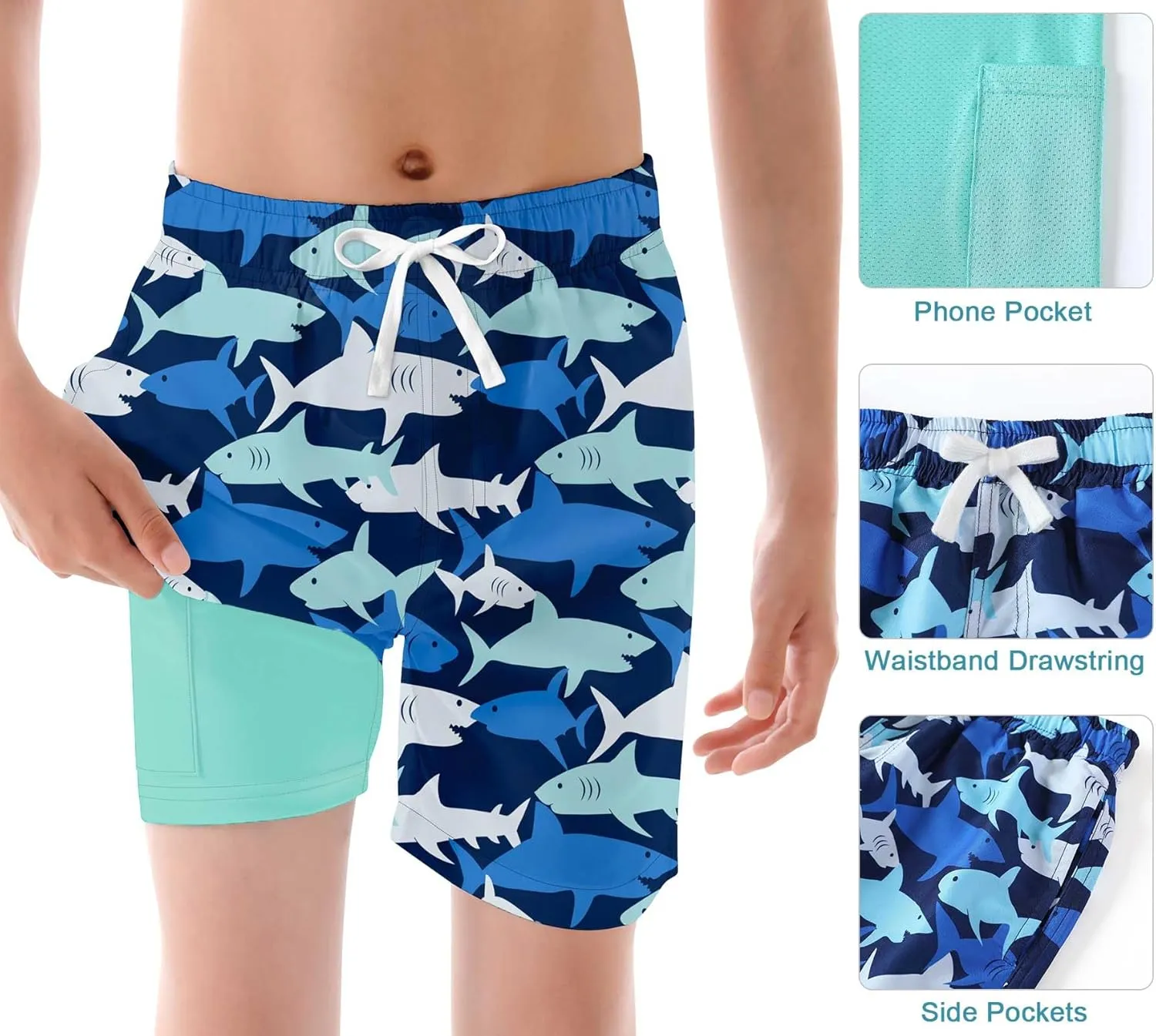 6-20T Boys Swimming Trunks 2 in 1 Bathing Suit Quick Dry Board Shorts