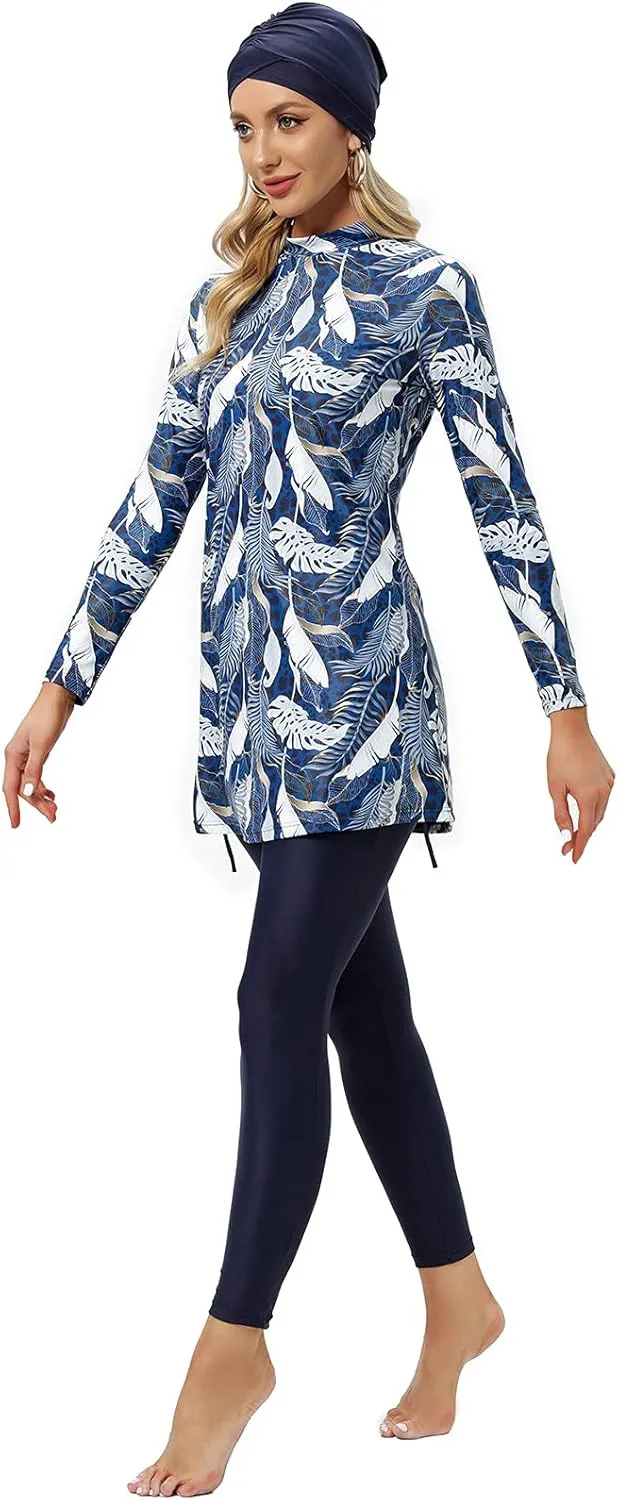 Ababalaya Fully Covered Swimsuits 3 Pieces Full Covered Burkini Swimwear with Swimming Cap