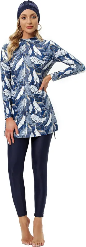 Ababalaya Fully Covered Swimsuits 3 Pieces Full Covered Burkini Swimwear with Swimming Cap