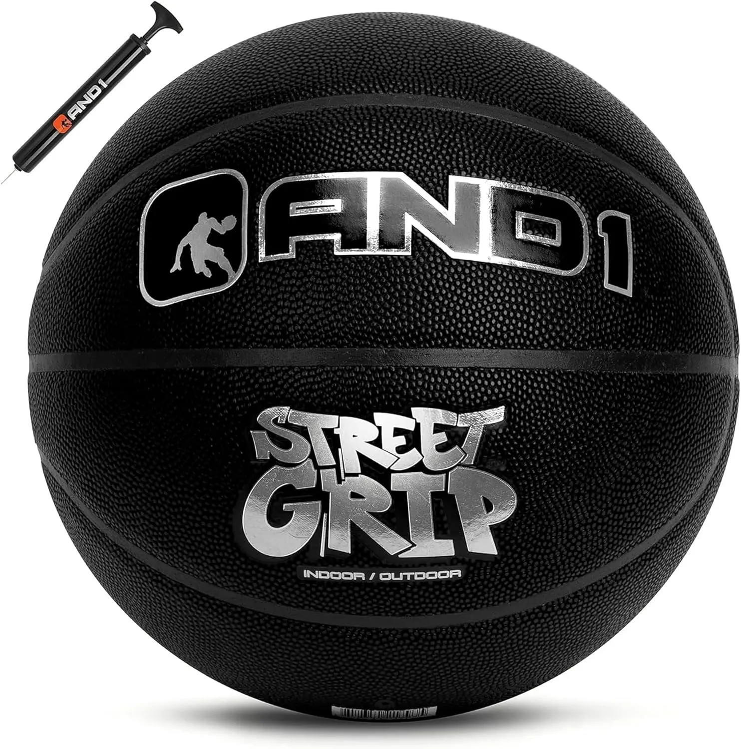 AND1 Street Grip Premium Composite Leather Basketball & Pump- Official Size 7 (29.5) Streetball, Made for Indoor and Outdoor Basketball Games
