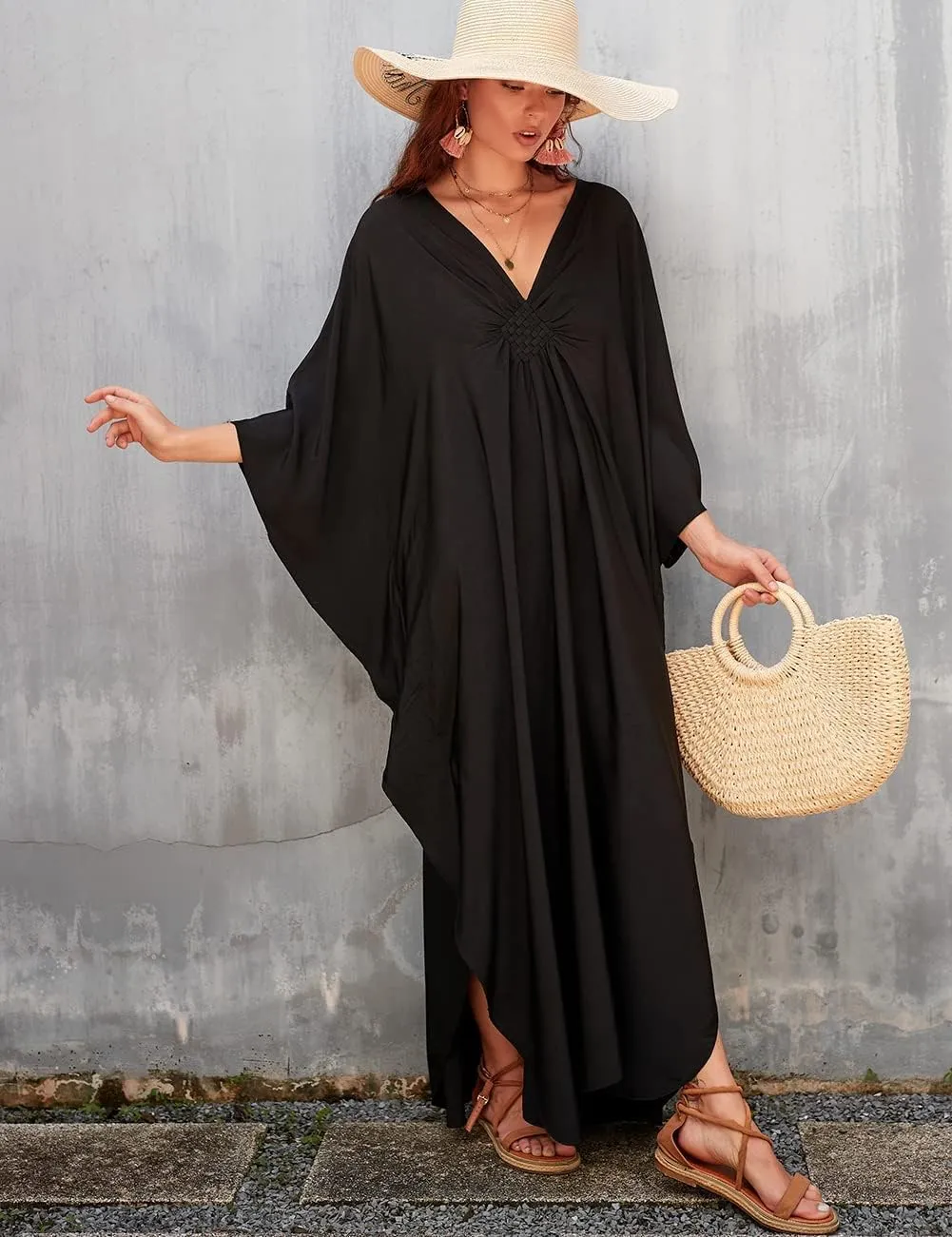 Bsubseach Women Solid Color Cover Up V Neck Batwing Sleeve Plus Size Beach Kaftan Dresses