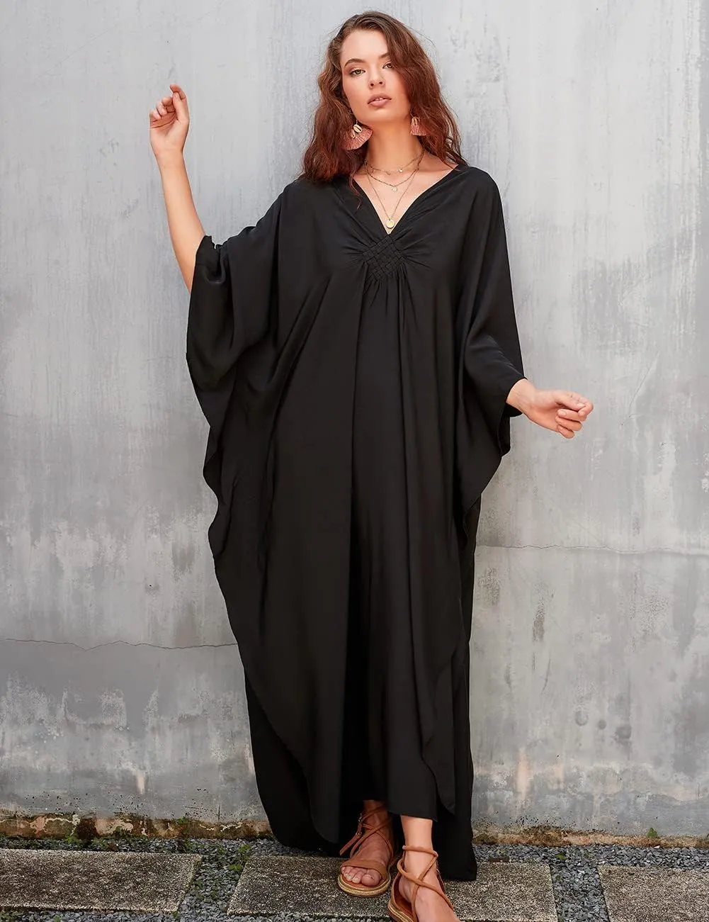 Bsubseach Women Solid Color Cover Up V Neck Batwing Sleeve Plus Size Beach Kaftan Dresses