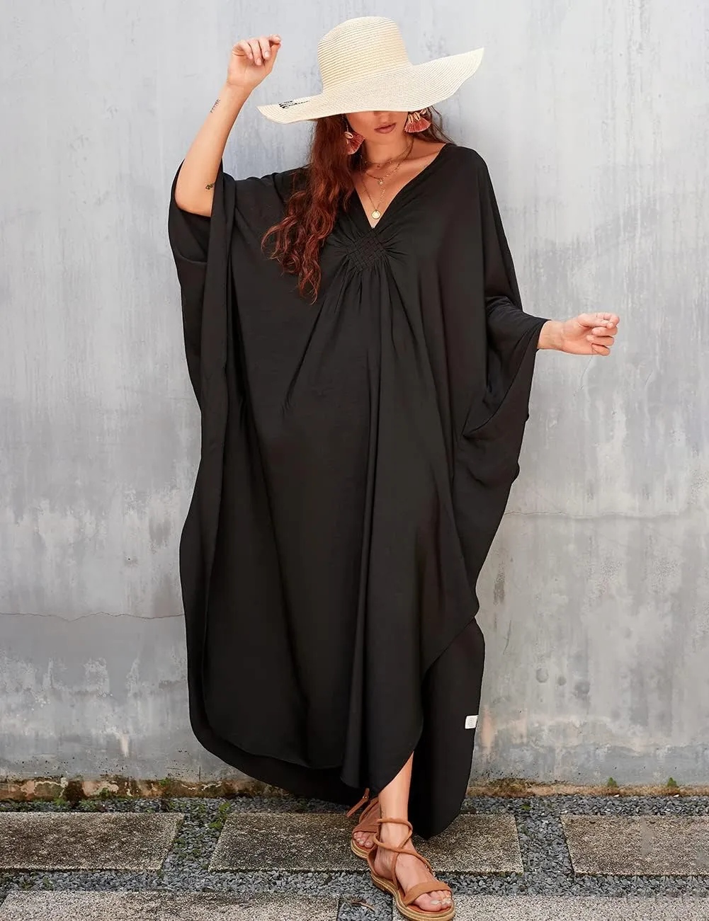 Bsubseach Women Solid Color Cover Up V Neck Batwing Sleeve Plus Size Beach Kaftan Dresses