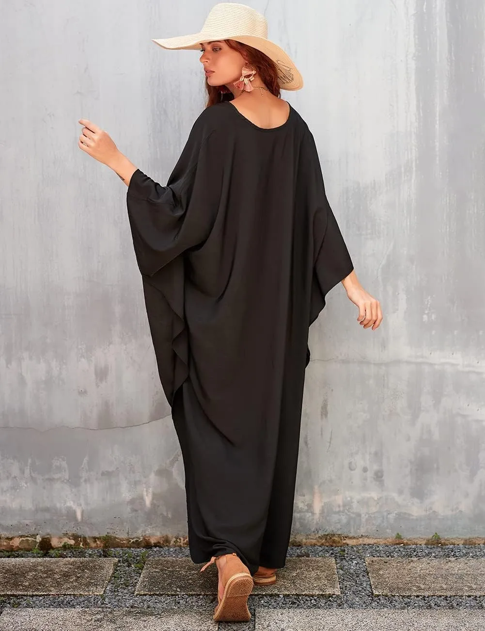 Bsubseach Women Solid Color Cover Up V Neck Batwing Sleeve Plus Size Beach Kaftan Dresses