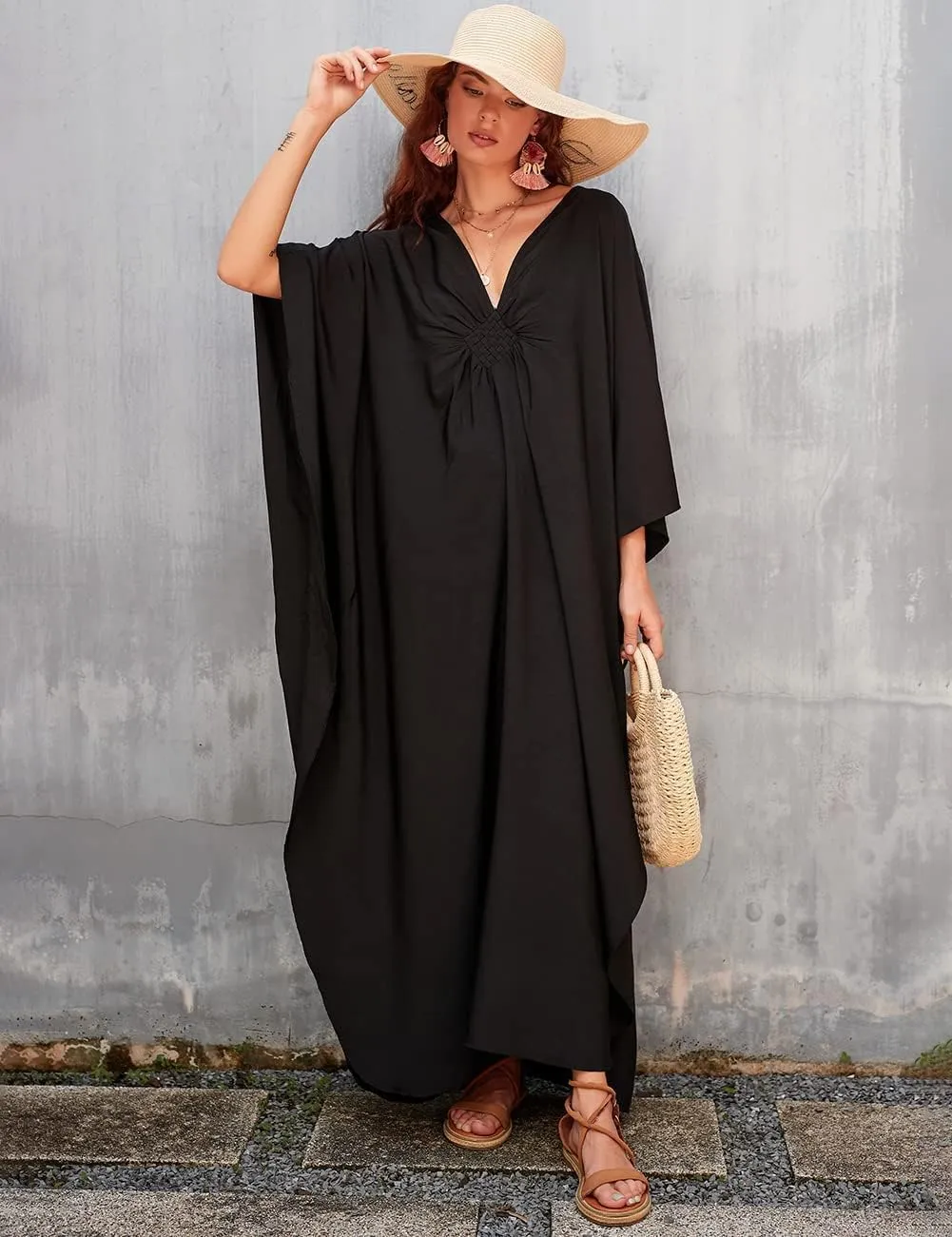 Bsubseach Women Solid Color Cover Up V Neck Batwing Sleeve Plus Size Beach Kaftan Dresses