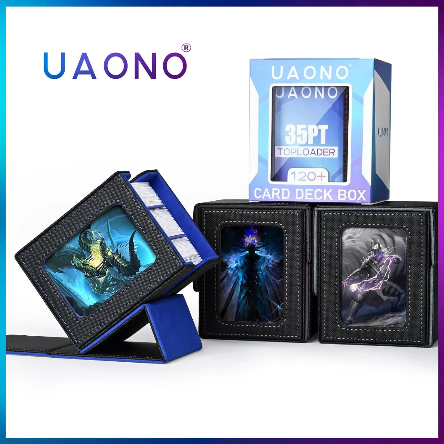 Card Deck Box with MTG Commander Display, Deck Case Holds 100  Double-Sleeved Cards, Trading Card Storage Box Fits TCG/PTCG/Sports Card with 2 Dividers, 1 Toploader (Black, Blue)