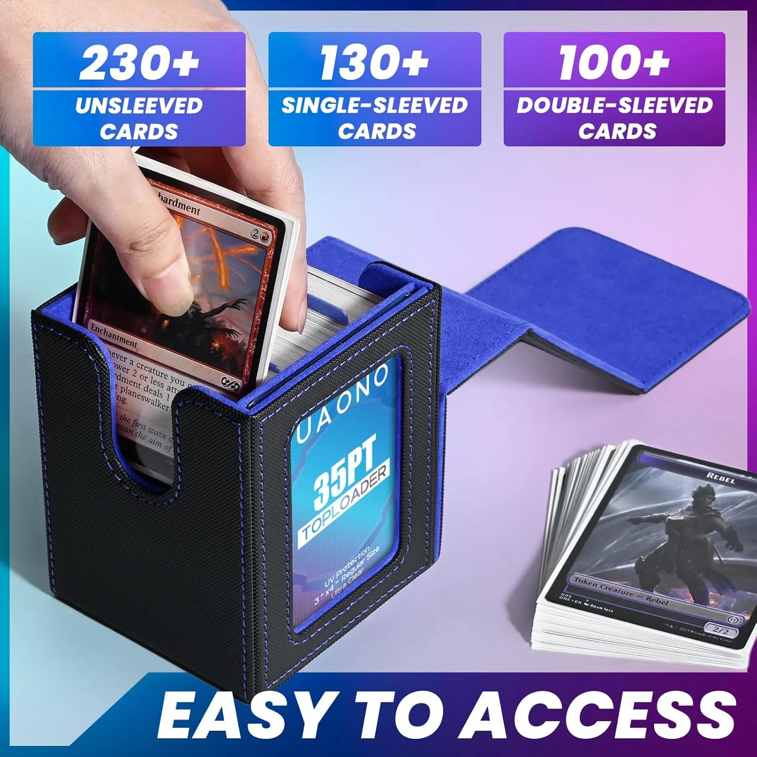 Card Deck Box with MTG Commander Display, Deck Case Holds 100  Double-Sleeved Cards, Trading Card Storage Box Fits TCG/PTCG/Sports Card with 2 Dividers, 1 Toploader (Black, Blue)