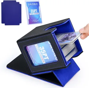 Card Deck Box with MTG Commander Display, Deck Case Holds 100  Double-Sleeved Cards, Trading Card Storage Box Fits TCG/PTCG/Sports Card with 2 Dividers, 1 Toploader (Black, Blue)