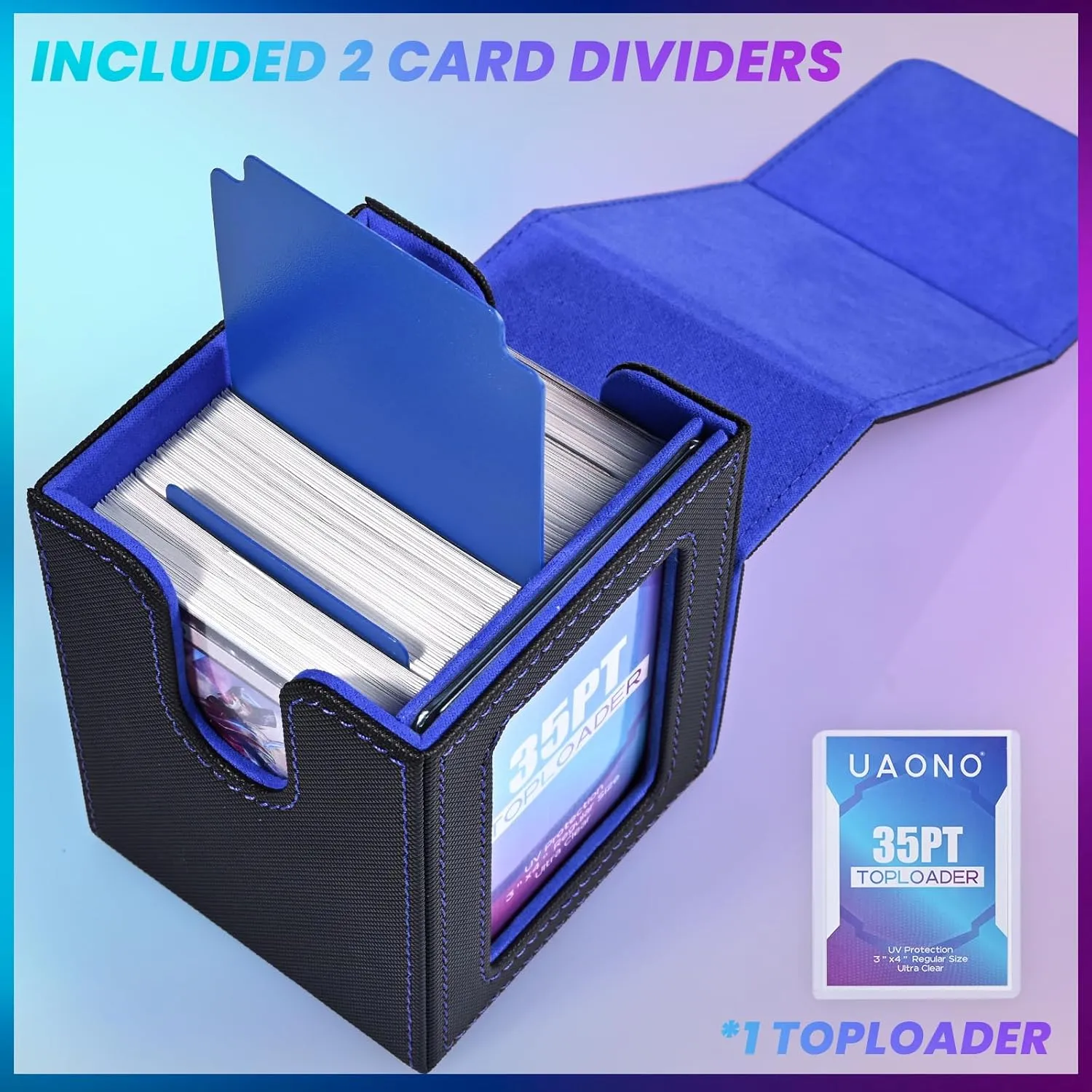Card Deck Box with MTG Commander Display, Deck Case Holds 100  Double-Sleeved Cards, Trading Card Storage Box Fits TCG/PTCG/Sports Card with 2 Dividers, 1 Toploader (Black, Blue)