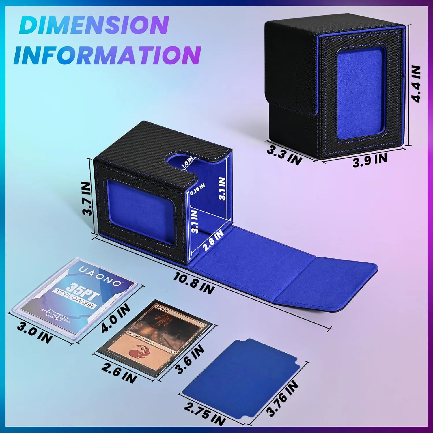 Card Deck Box with MTG Commander Display, Deck Case Holds 100  Double-Sleeved Cards, Trading Card Storage Box Fits TCG/PTCG/Sports Card with 2 Dividers, 1 Toploader (Black, Blue)