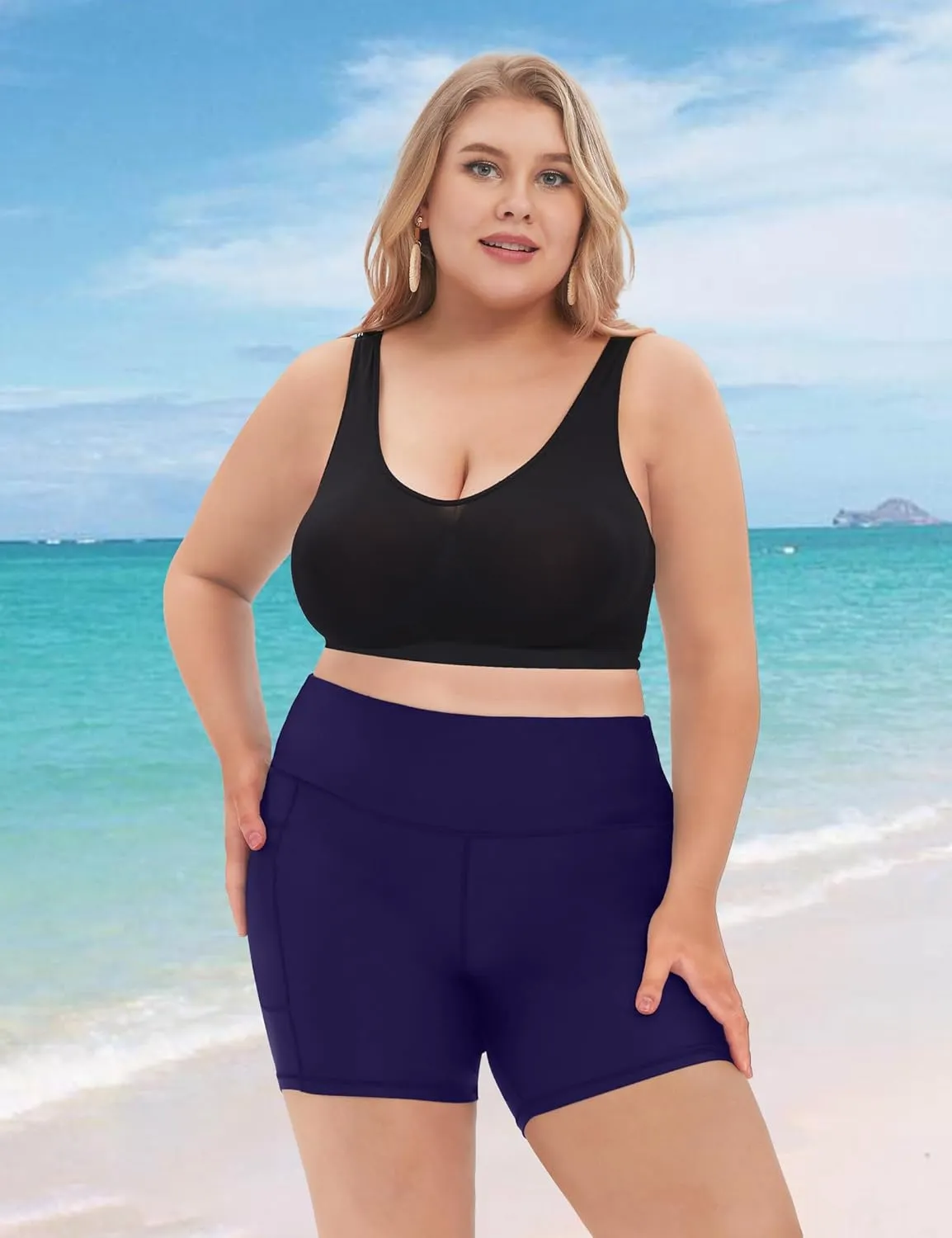 COOTRY Womens Plus Size Swim Shorts High Waisted Tummy Control Swimsuit Bottoms Board Shorts with Pockets