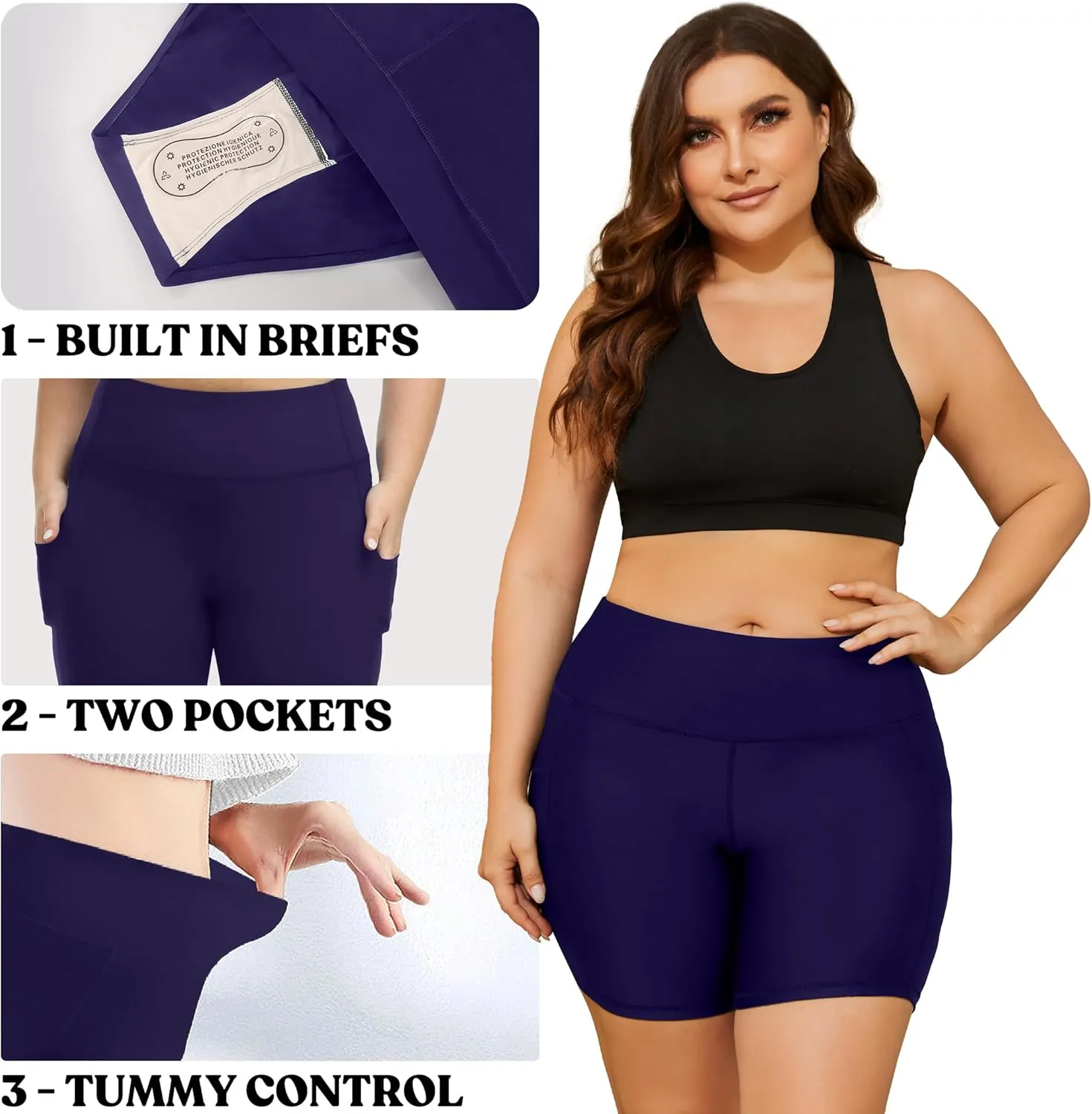 COOTRY Womens Plus Size Swim Shorts High Waisted Tummy Control Swimsuit Bottoms Board Shorts with Pockets