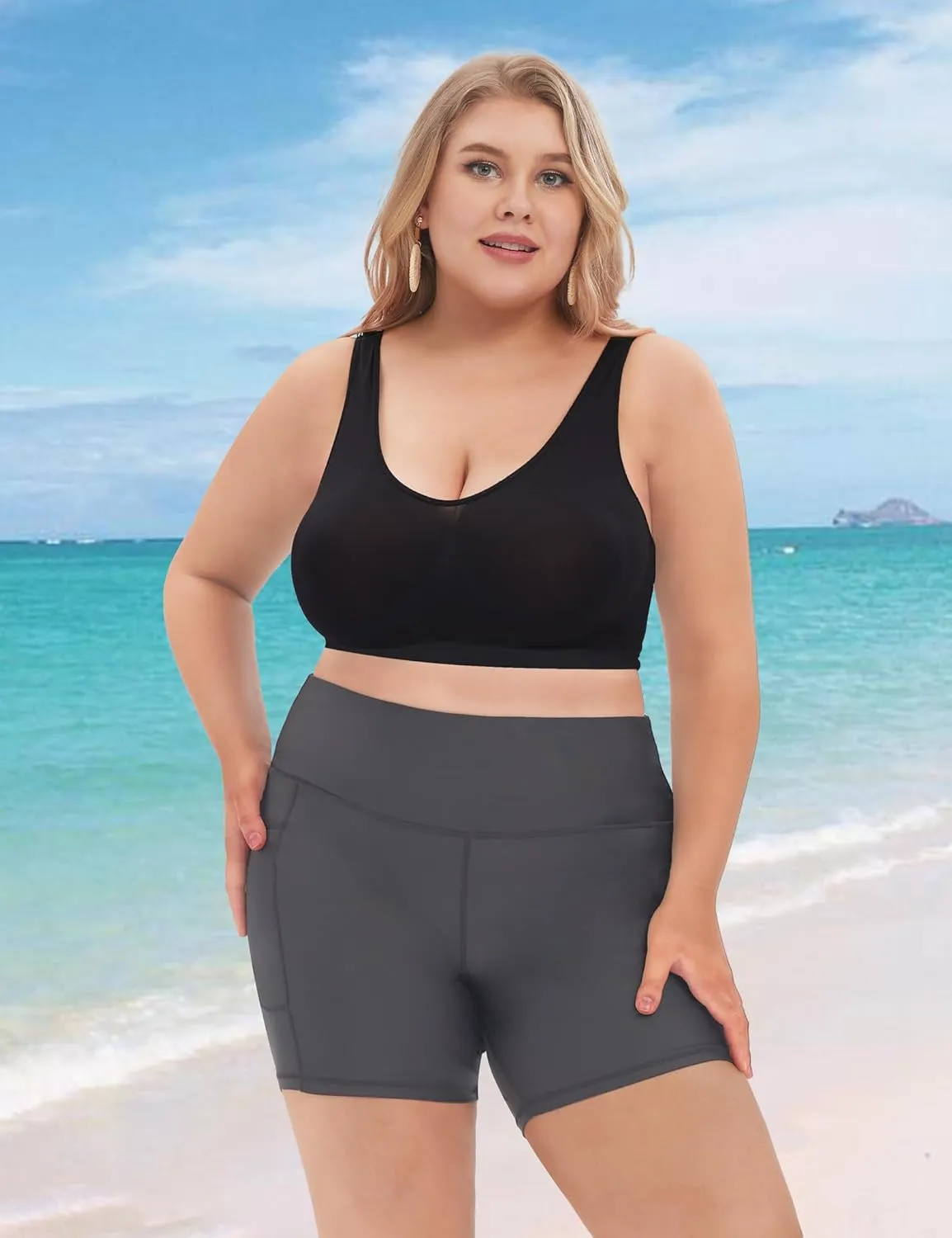 COOTRY Womens Plus Size Swim Shorts High Waisted Tummy Control Swimsuit Bottoms Board Shorts with Pockets