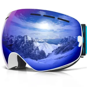 COPOZZ Ski Goggles, G1 Mens Womens Ski Snowboard Snowboarding Goggles - Over Glasses Double-Layer Lens Anti Fog Frameless,Cool REVO Mirror White Blue for Men Women Youth Snowmobile Skiing