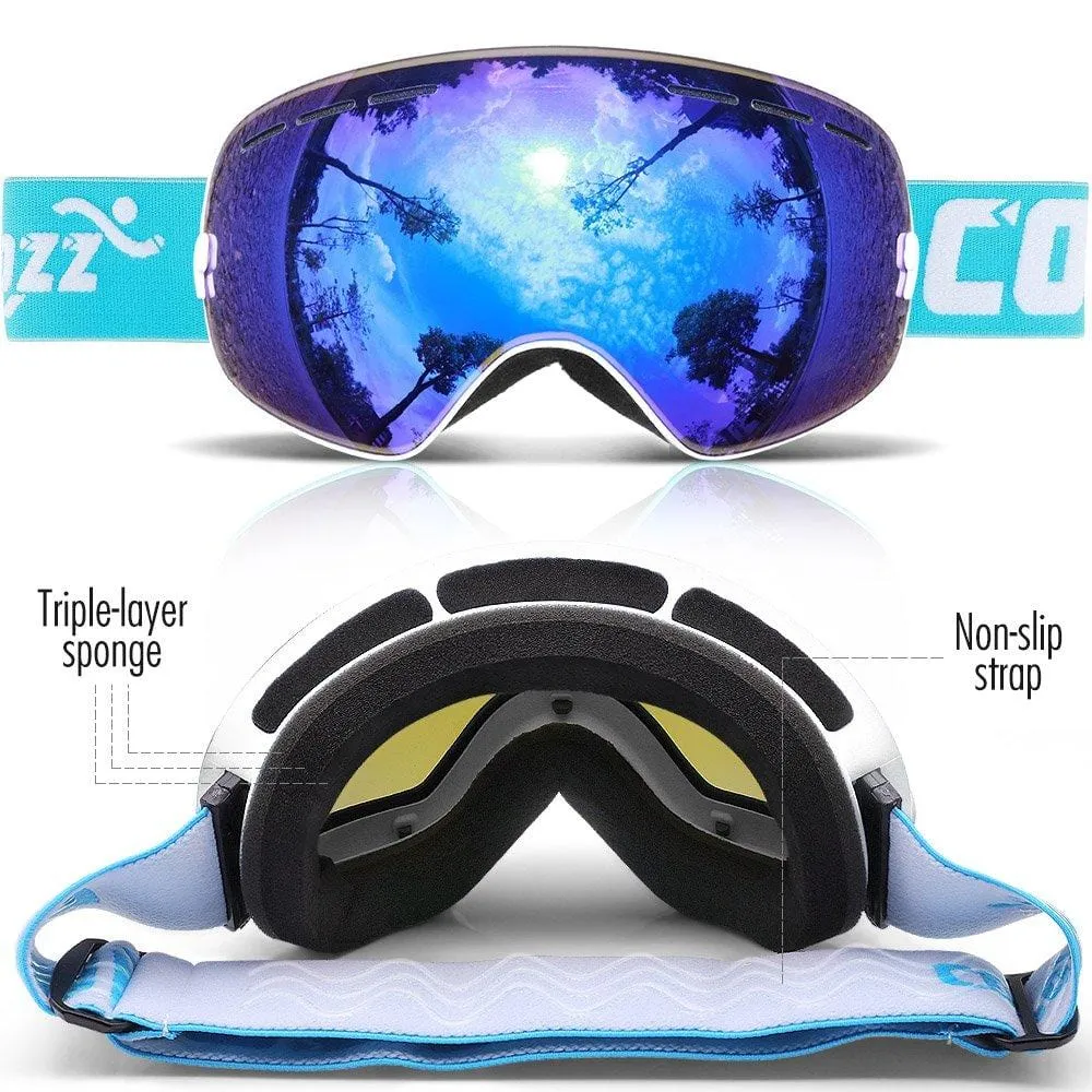 COPOZZ Ski Goggles, G1 Mens Womens Ski Snowboard Snowboarding Goggles - Over Glasses Double-Layer Lens Anti Fog Frameless,Cool REVO Mirror White Blue for Men Women Youth Snowmobile Skiing