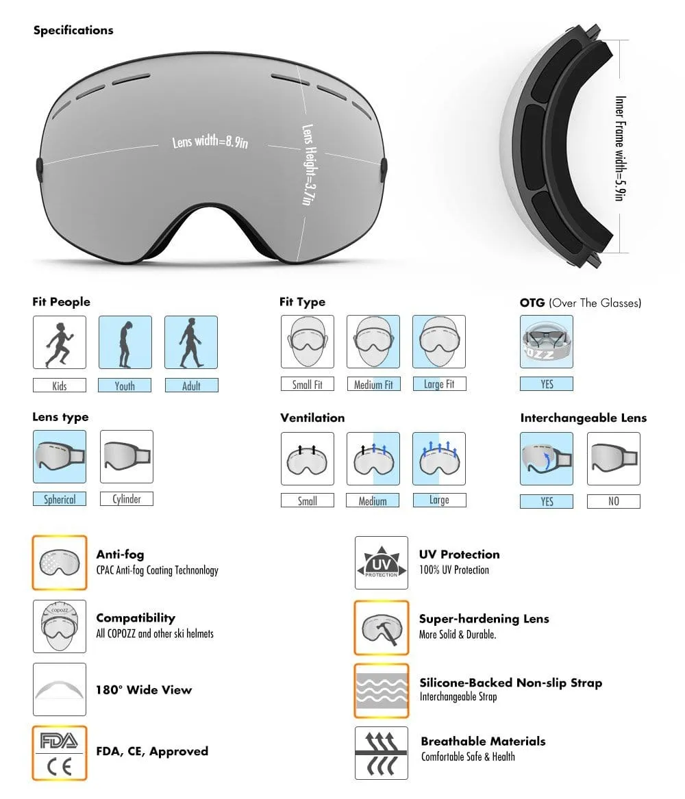 COPOZZ Ski Goggles, G1 Mens Womens Ski Snowboard Snowboarding Goggles - Over Glasses Double-Layer Lens Anti Fog Frameless,Cool REVO Mirror White Blue for Men Women Youth Snowmobile Skiing