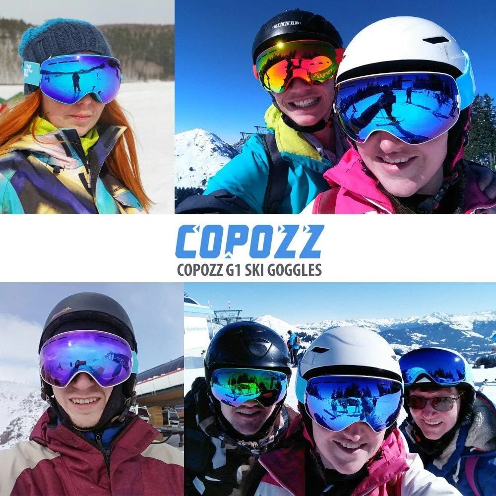 COPOZZ Ski Goggles, G1 Mens Womens Ski Snowboard Snowboarding Goggles - Over Glasses Double-Layer Lens Anti Fog Frameless,Cool REVO Mirror White Blue for Men Women Youth Snowmobile Skiing