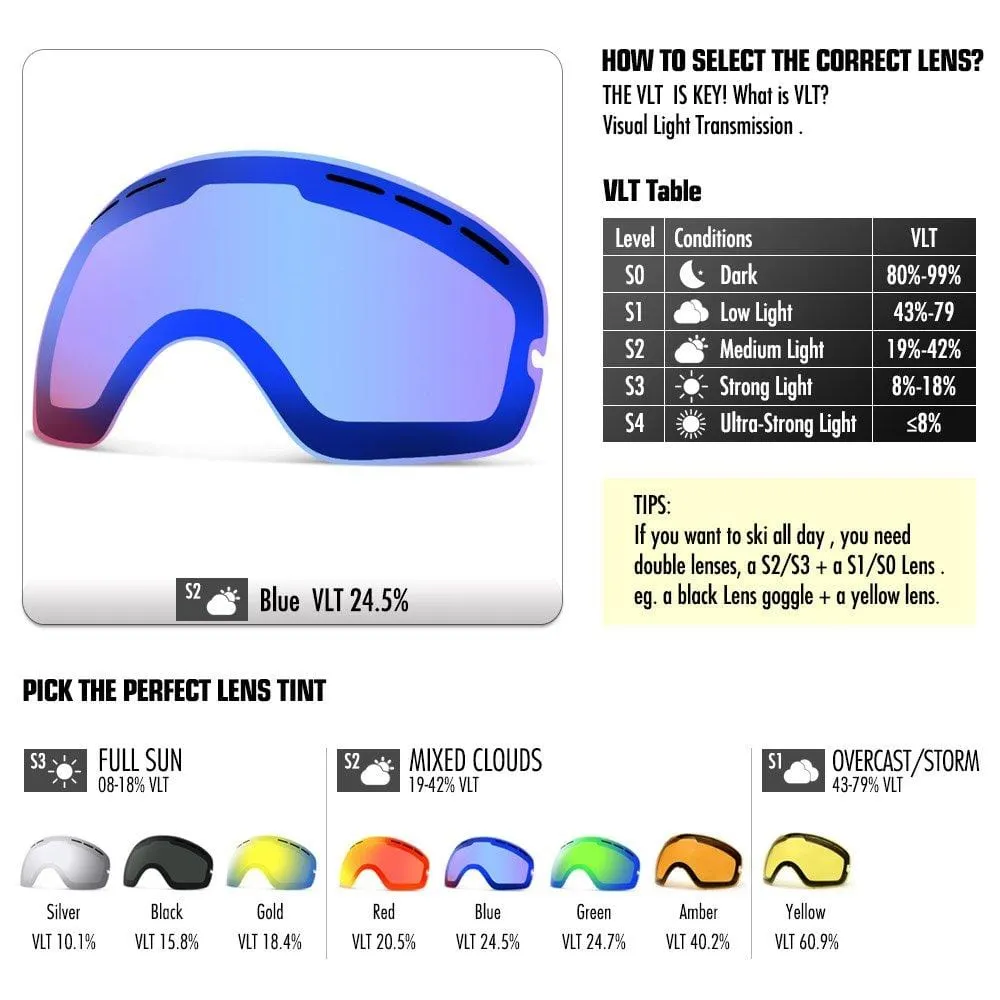 COPOZZ Ski Goggles, G1 Mens Womens Ski Snowboard Snowboarding Goggles - Over Glasses Double-Layer Lens Anti Fog Frameless,Cool REVO Mirror White Blue for Men Women Youth Snowmobile Skiing