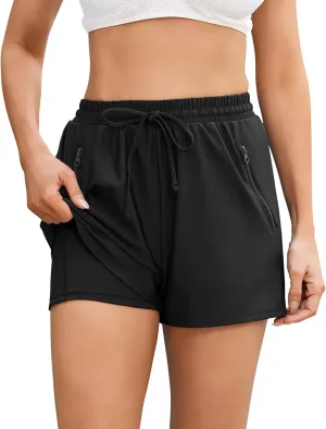 difficort Womens Swim Shorts with Compression Liner 4'' Quick-Dry Board Shorts with Zipper Pockets