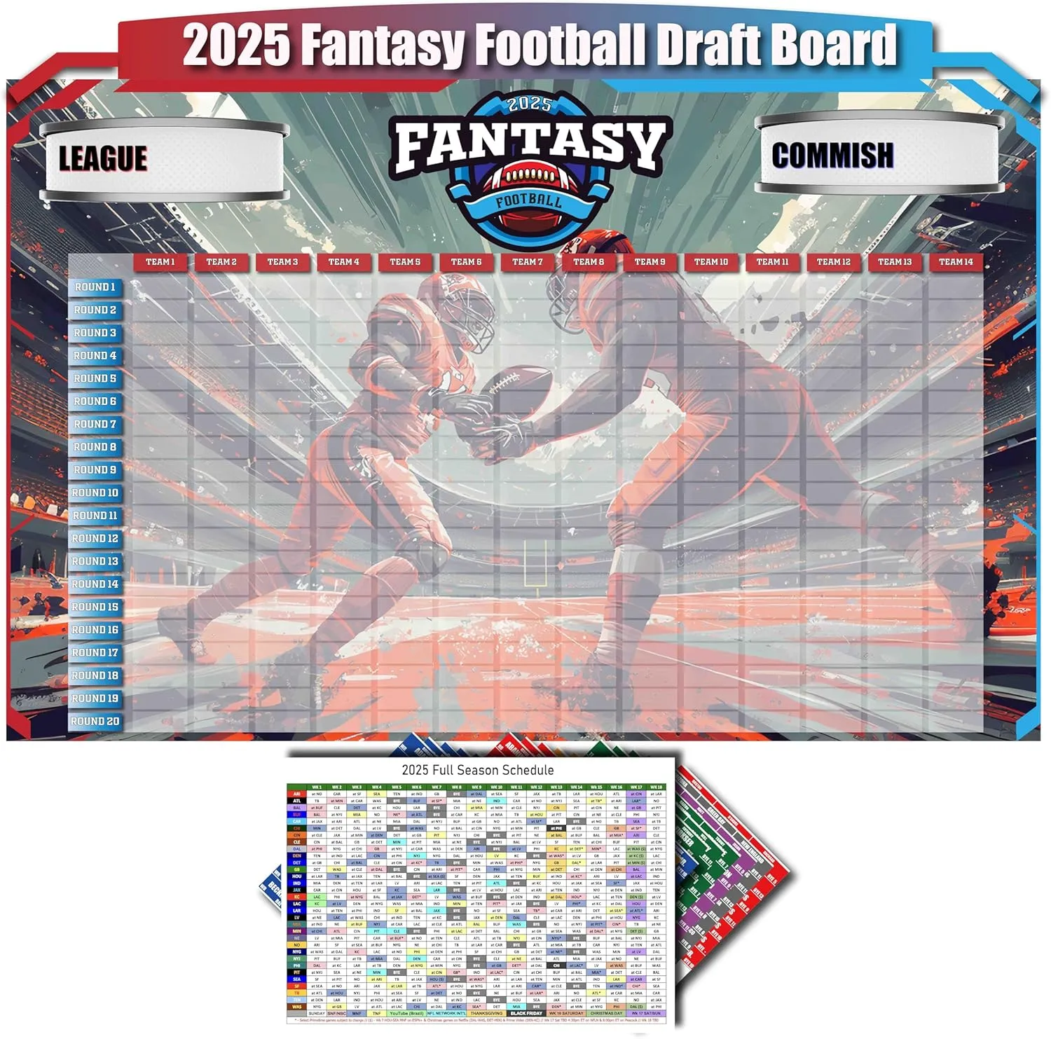 Fantasy Football Draft Board 2025-2026 Kit - Large Set with 576 Player Labels - Premium Color Edition[14 Teams 20 Rounds]