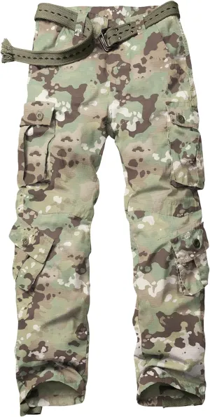 Men's Hiking Pants Waterproof Camo Work Cargo Pants Relaxed Fit Ripstop Tactical Pants with 8 Pockets No Belt