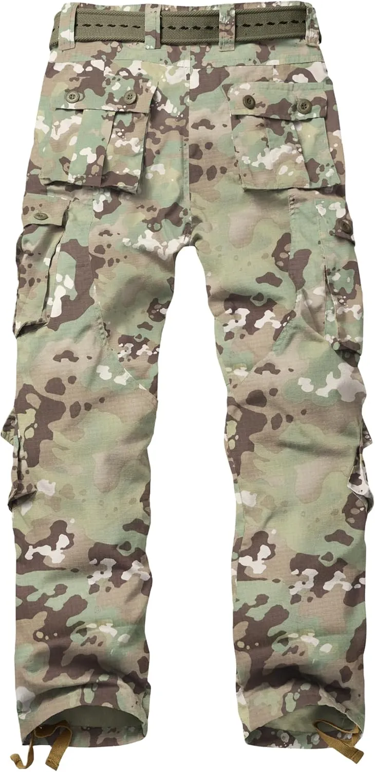 Men's Hiking Pants Waterproof Camo Work Cargo Pants Relaxed Fit Ripstop Tactical Pants with 8 Pockets No Belt