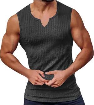 Mens Ribbed Tank Top Cut V Neck Sleeveless Comfy Tanks Fitness Training Sport Swim T-Shirt Sport Outdoor Beach Vest