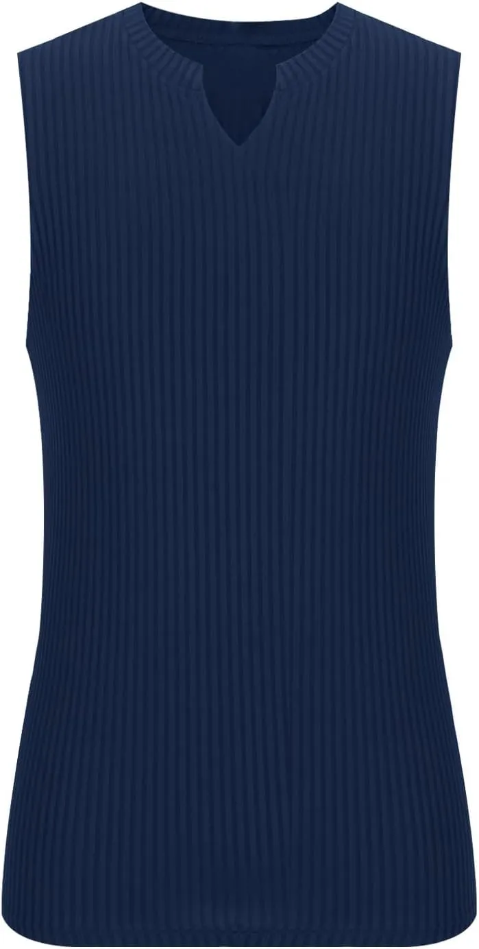 Mens Ribbed Tank Top Cut V Neck Sleeveless Comfy Tanks Fitness Training Sport Swim T-Shirt Sport Outdoor Beach Vest