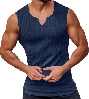 Mens Ribbed Tank Top Cut V Neck Sleeveless Comfy Tanks Fitness Training Sport Swim T-Shirt Sport Outdoor Beach Vest