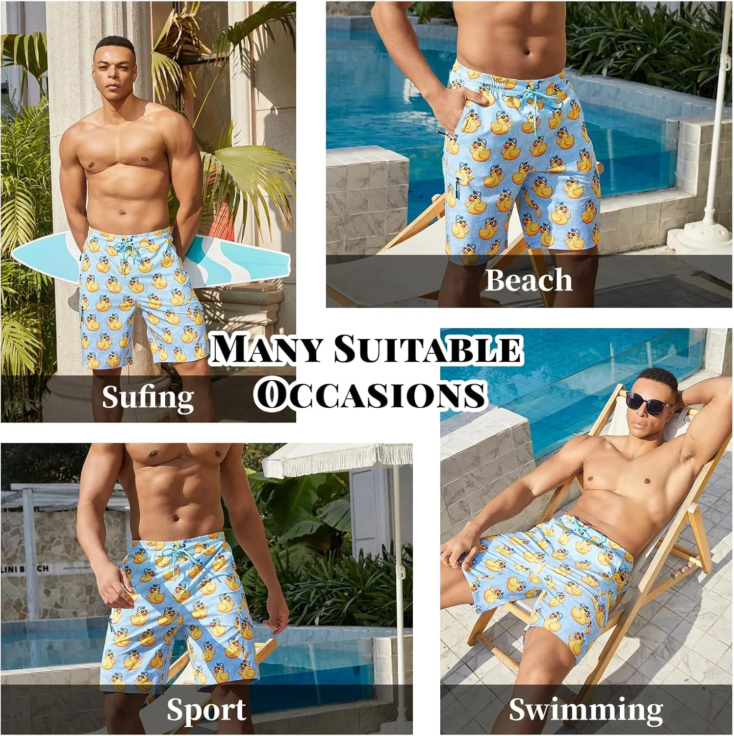 Mens Swim Trunks with Mesh Liner Board Shorts Quick Dry Bathing Suit Hawaii Swimwear for Men Long Shorts with Zipper