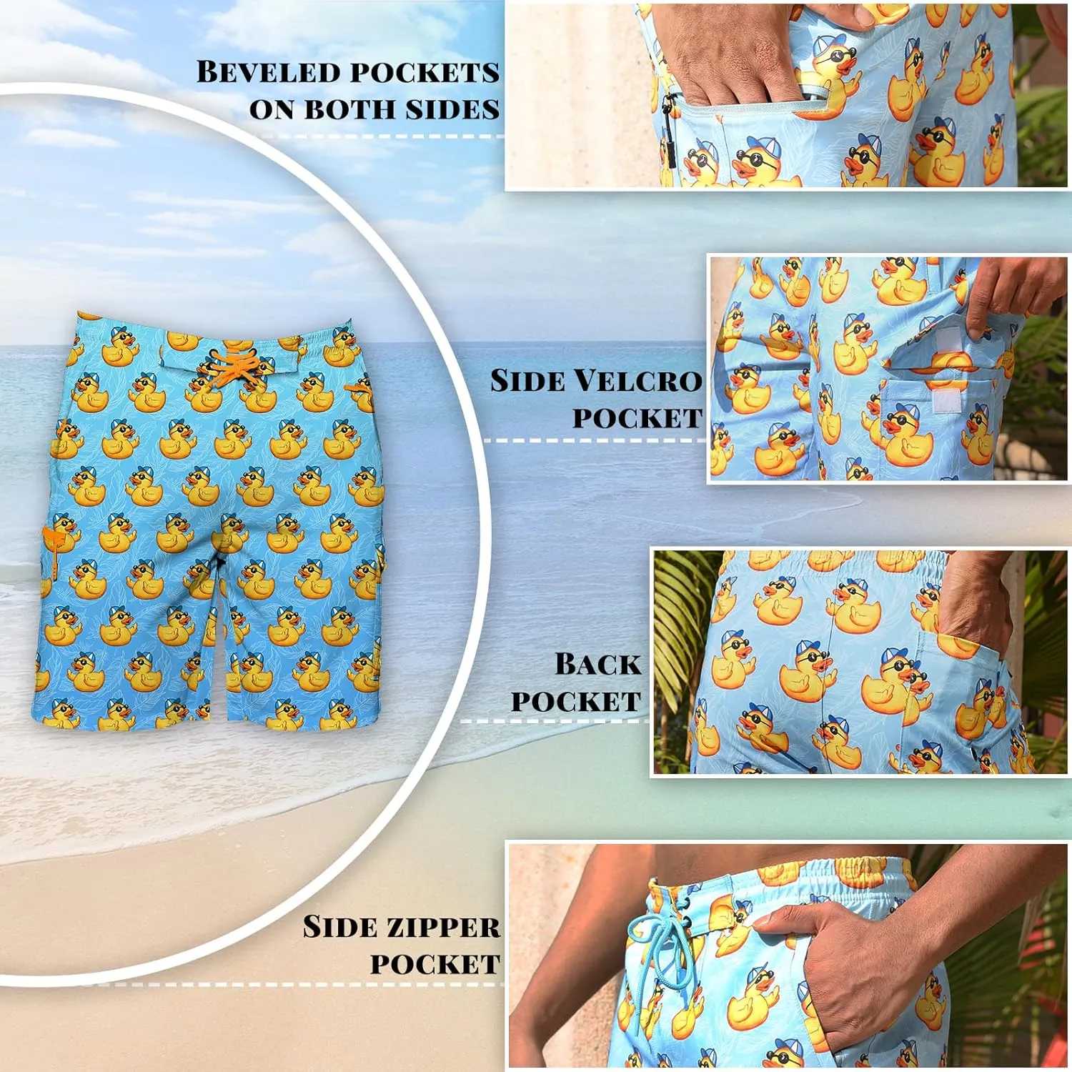 Mens Swim Trunks with Mesh Liner Board Shorts Quick Dry Bathing Suit Hawaii Swimwear for Men Long Shorts with Zipper