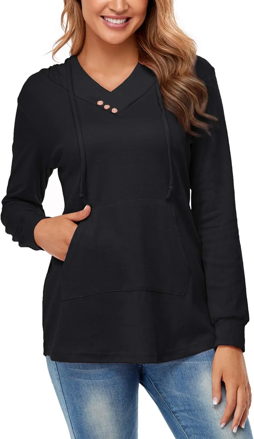 Miusey Womens Hooded Shirts Long Sleeve V Neck Tunic Hoodie Lightweight Sweatshirts with Kangaroo Pocket