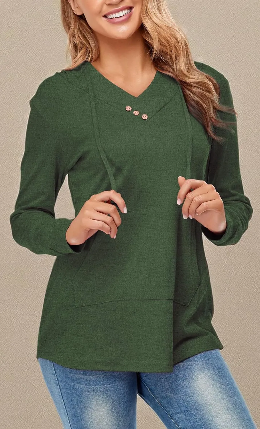 Miusey Womens Hooded Shirts Long Sleeve V Neck Tunic Hoodie Lightweight Sweatshirts with Kangaroo Pocket