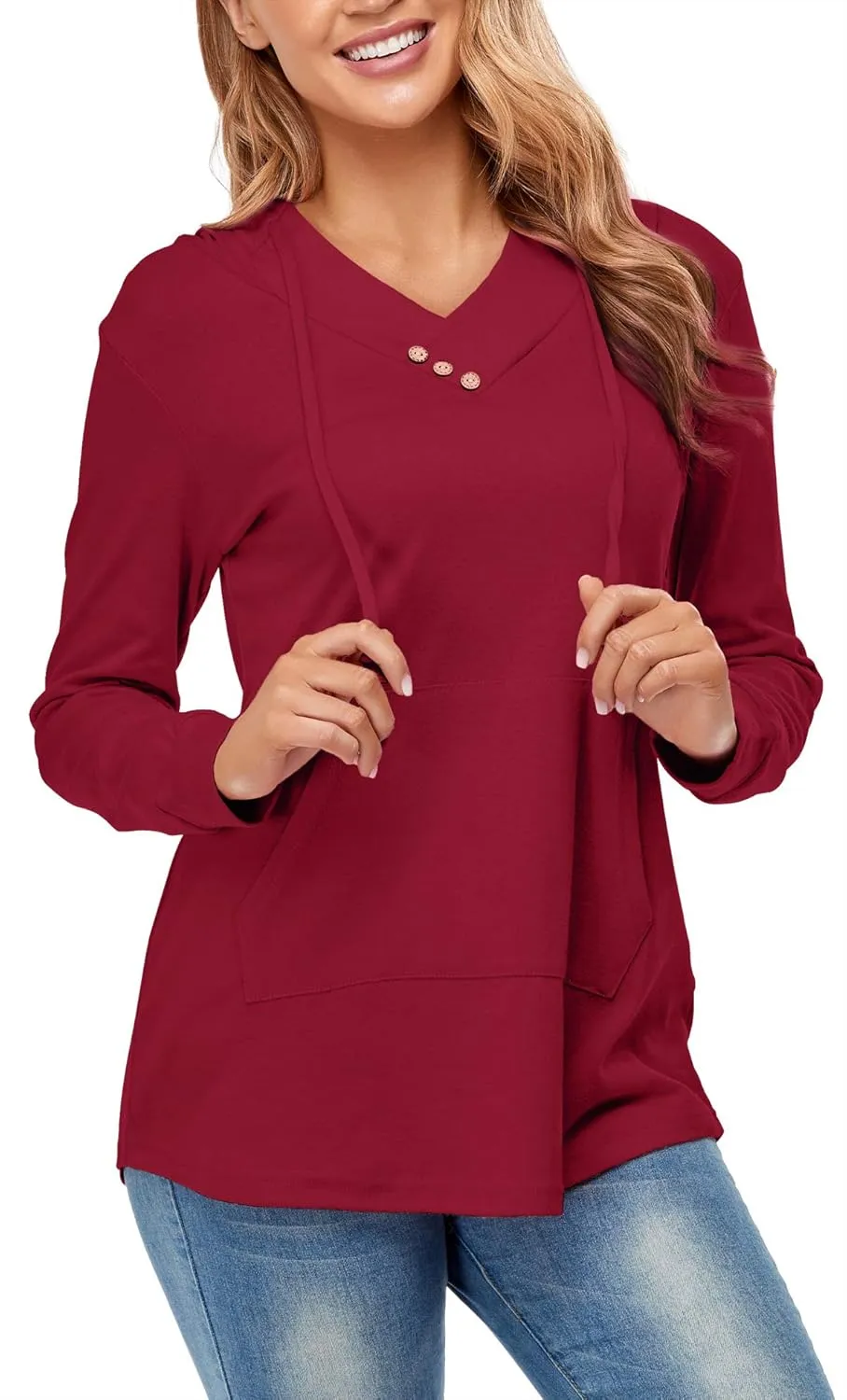 Miusey Womens Hooded Shirts Long Sleeve V Neck Tunic Hoodie Lightweight Sweatshirts with Kangaroo Pocket
