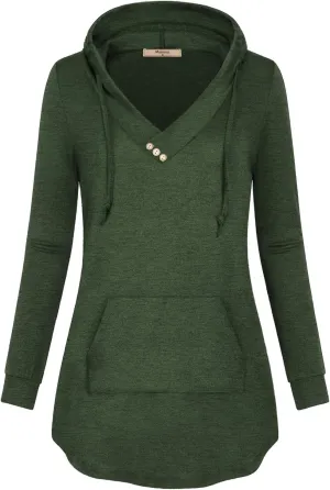 Miusey Womens Hooded Shirts Long Sleeve V Neck Tunic Hoodie Lightweight Sweatshirts with Kangaroo Pocket