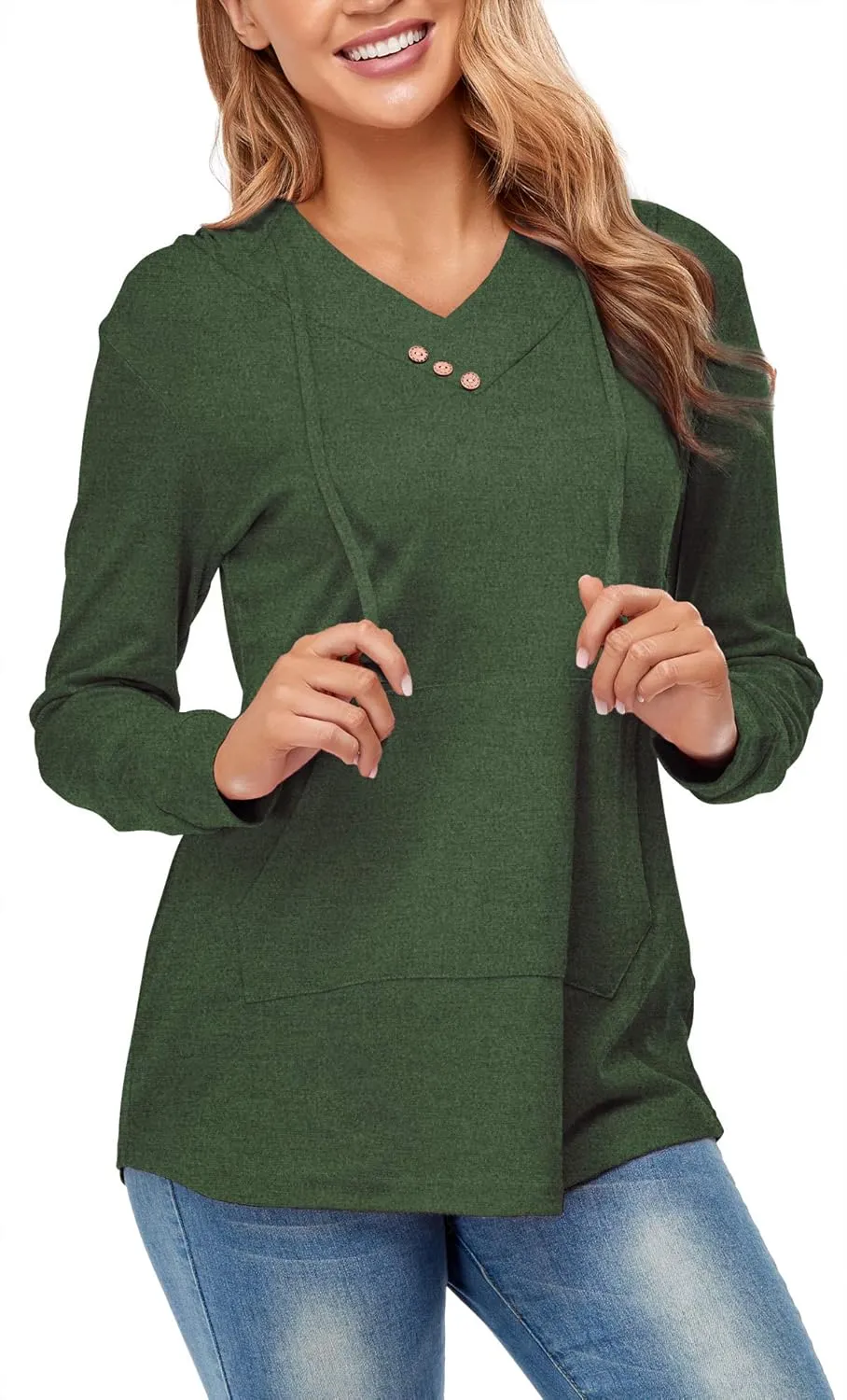 Miusey Womens Hooded Shirts Long Sleeve V Neck Tunic Hoodie Lightweight Sweatshirts with Kangaroo Pocket