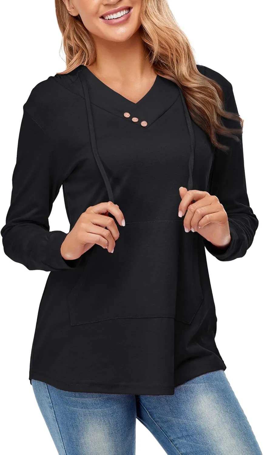 Miusey Womens Hooded Shirts Long Sleeve V Neck Tunic Hoodie Lightweight Sweatshirts with Kangaroo Pocket