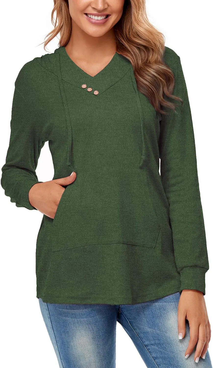 Miusey Womens Hooded Shirts Long Sleeve V Neck Tunic Hoodie Lightweight Sweatshirts with Kangaroo Pocket