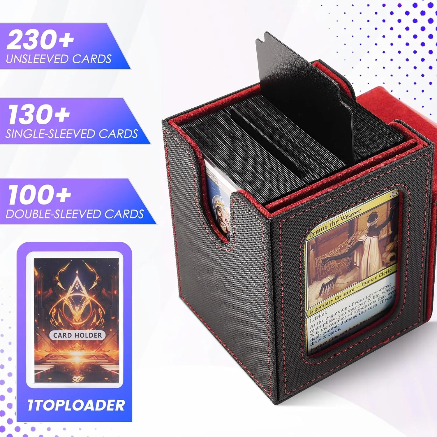MTG Deck Box for Commander Display,Card Deck Case Fits 100 Double Sleeved Cards, Magic Commander TCG Card Leather Storage Box with 2 Dividers and 1 Toploader (B/R)