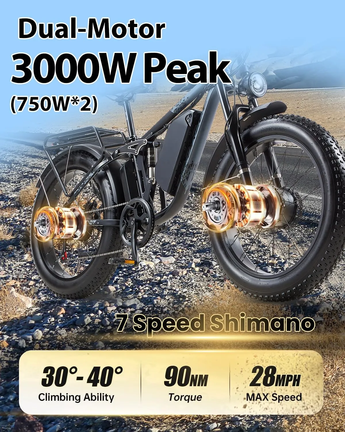 Peak 3000W Dual Motor Ebike for Adults, 48V 25AH Long Range Electric Mountain Bike, 30-34MPH Step-Thru Unlocked Electric Bike