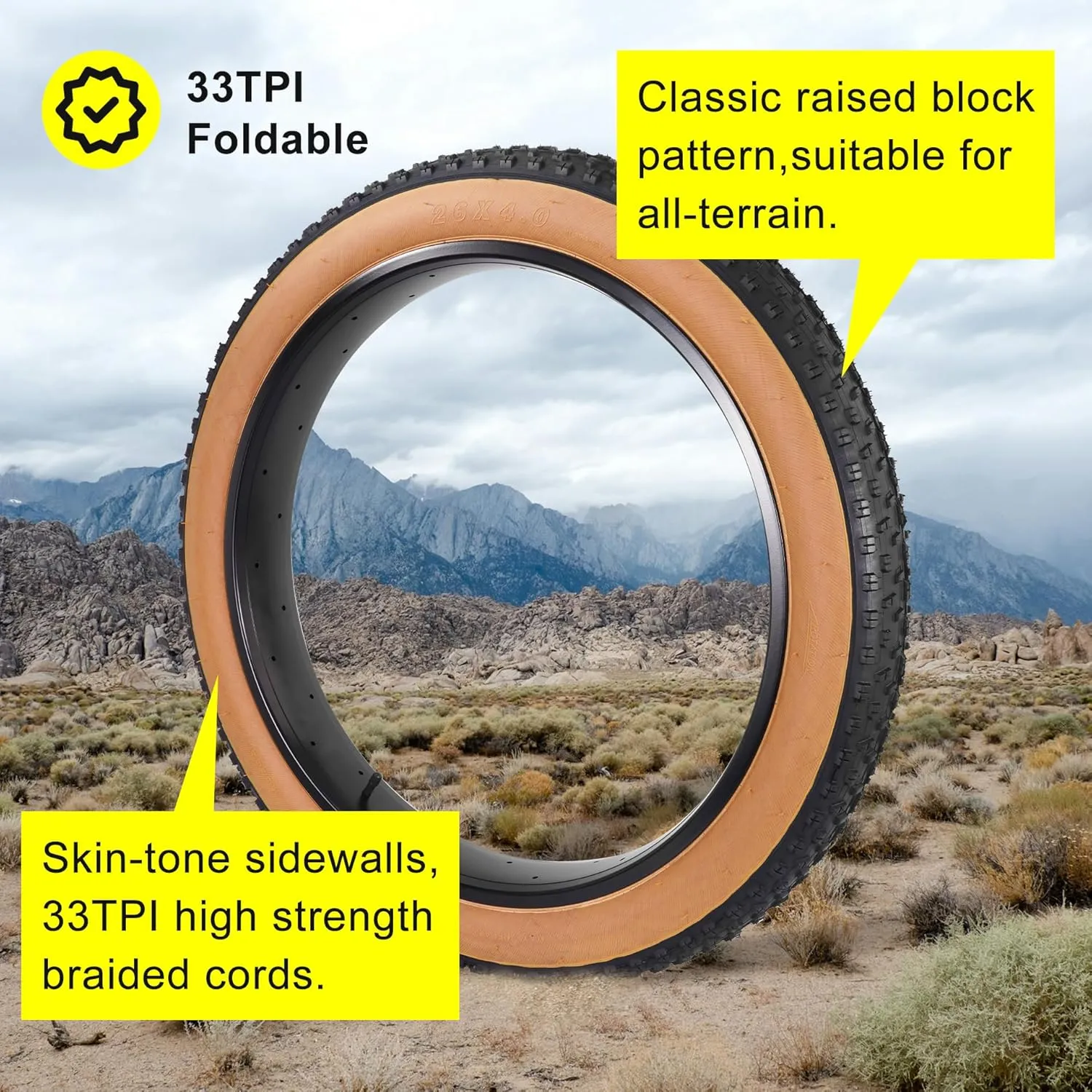 Set of 26x4.0 Fat Tire and Tube, Puncture Resistant Folding Bike Tire Set 102-559 Compatible with E-Bike Mountain Bike MTB Bicycle All-Terrain Directional Tread Sidewalls of Skin Color 33TPI