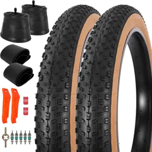 Set of 26x4.0 Fat Tire and Tube, Puncture Resistant Folding Bike Tire Set 102-559 Compatible with E-Bike Mountain Bike MTB Bicycle All-Terrain Directional Tread Sidewalls of Skin Color 33TPI