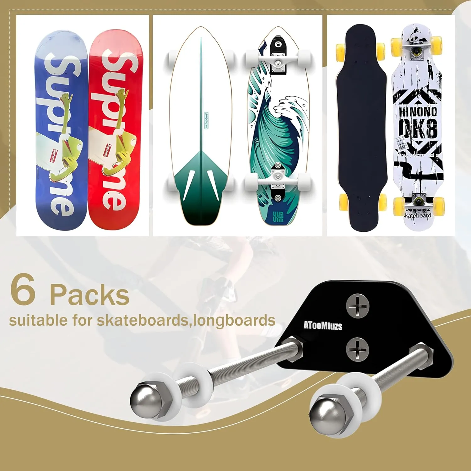 Skateboard Wall Mount Display(6 Packs)-Aluminum Ramp Shape Skateboard Deck Wall Mount with Two Screw Holes for Horizontal and Vertical Hanging Skateboard Display Decor-(Black