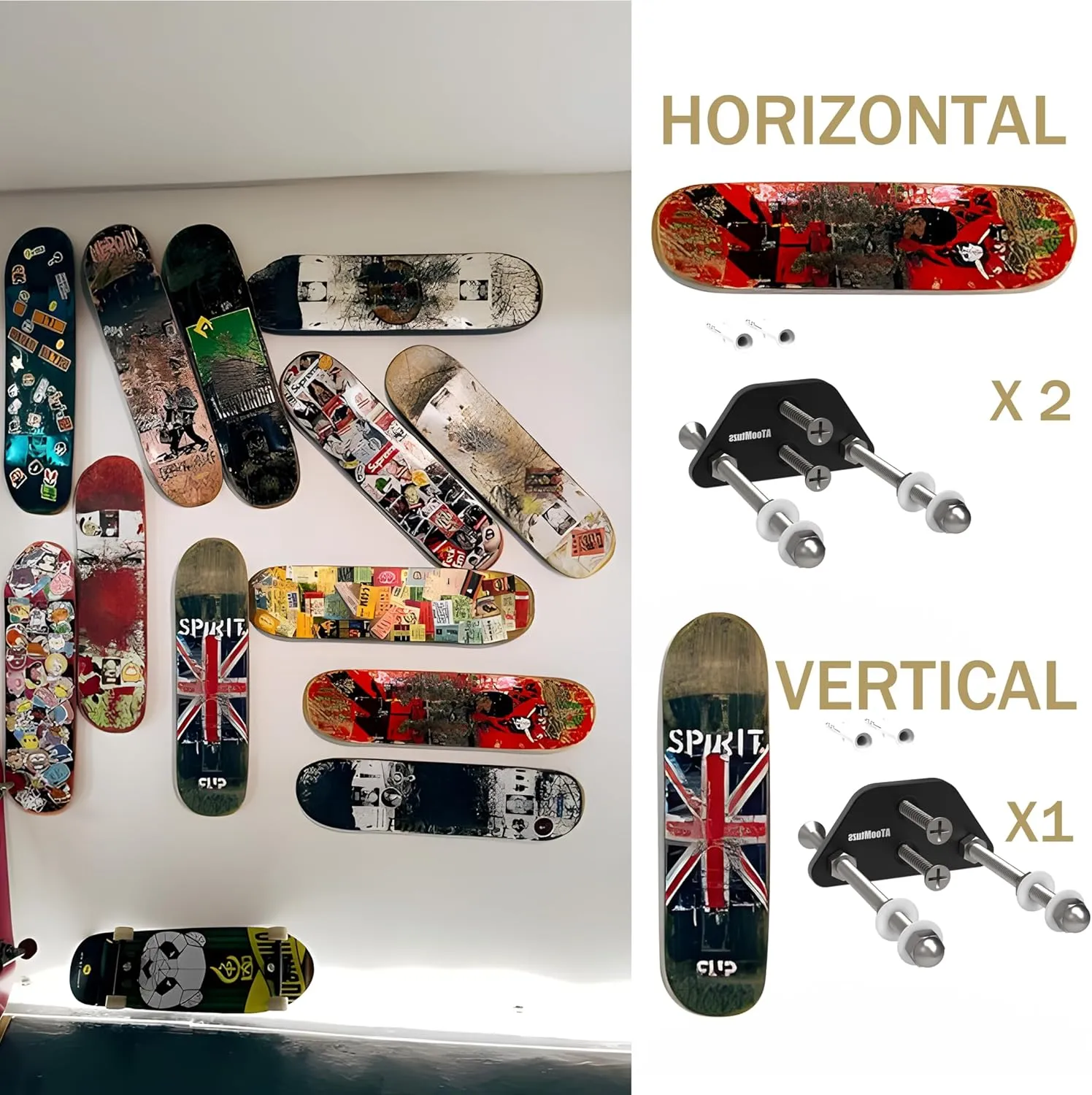 Skateboard Wall Mount Display(6 Packs)-Aluminum Ramp Shape Skateboard Deck Wall Mount with Two Screw Holes for Horizontal and Vertical Hanging Skateboard Display Decor-(Black