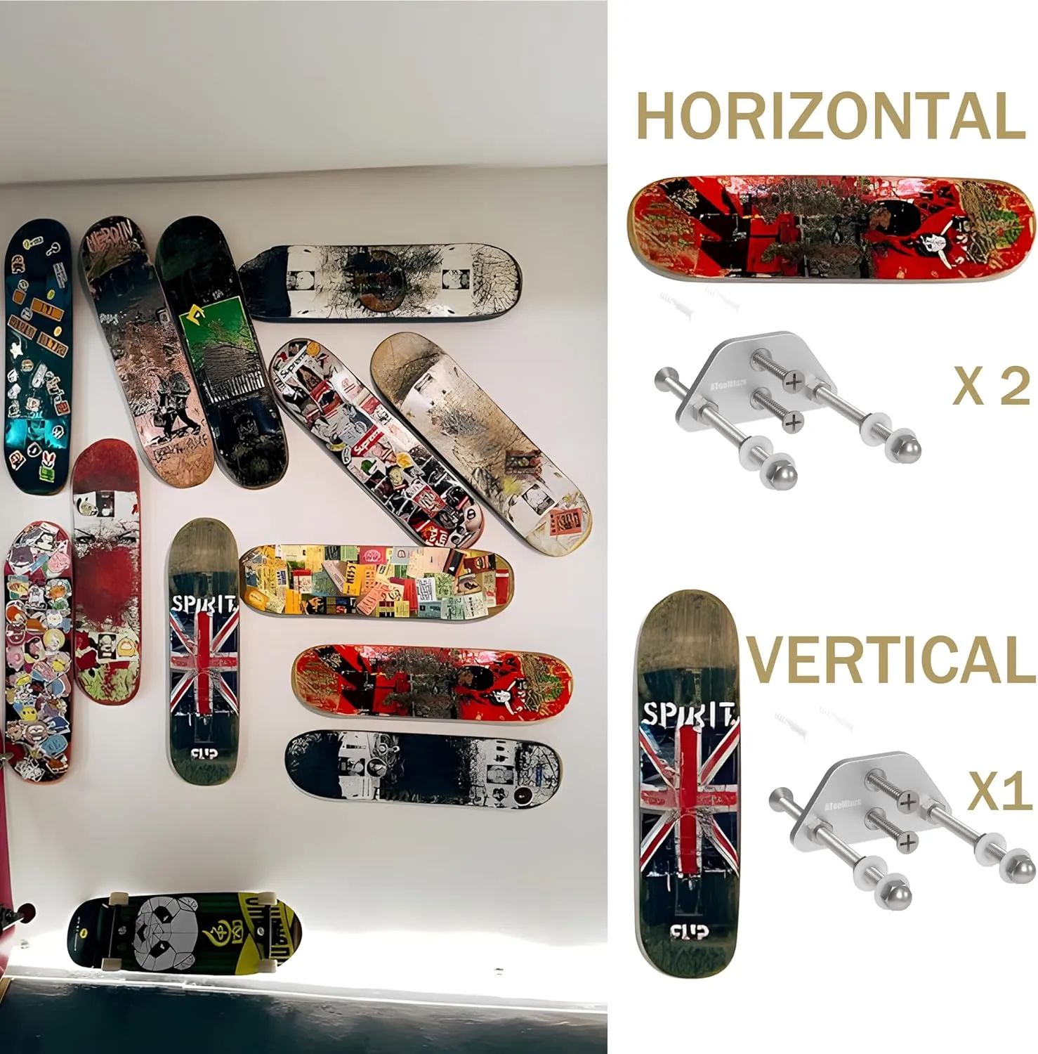 Skateboard Wall Mount Display(6 Packs)-Aluminum Ramp Shape Skateboard Deck Wall Mount with Two Screw Holes for Horizontal and Vertical Hanging Skateboard Display Decor