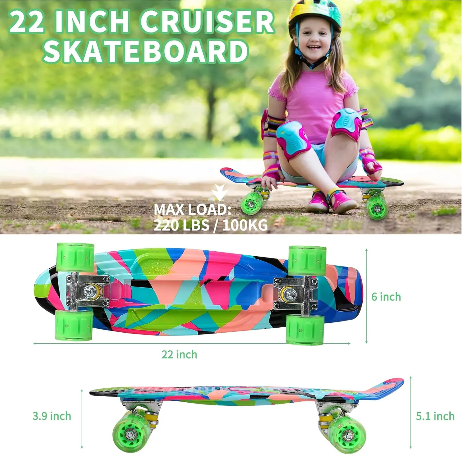 Skateboards, 22" Complete Skateboard, Mini Cruiser Skateboard for Kids Boys Girls Teens Beginners with Colorful Flashing Wheels Skate Tool, Kids Children's Day Gift